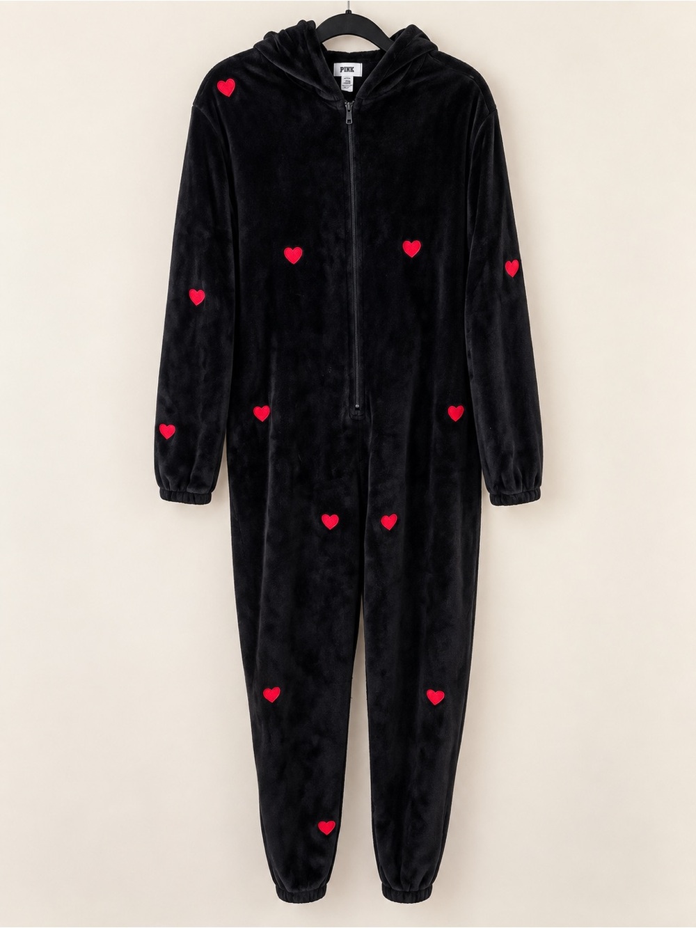 Victoria’s Secret PINK Teddy Plush Black Red Heart Hooded Onesie M/L